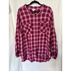 Terra & Sky Women Plaid Top Shirt 3X Long Sleeve Deep Pink Soft Button